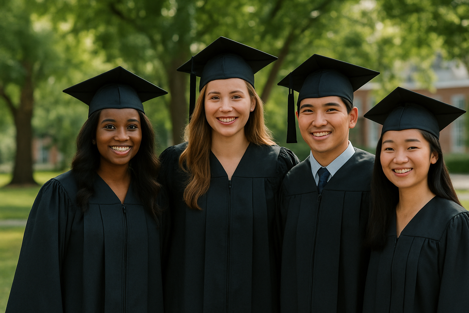 Smiling students in graduation caps and gowns